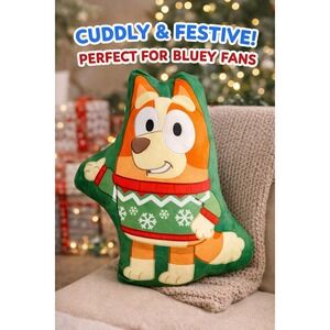 Bluey Holiday Throw Pillow Plush Character Cushion Green Sweate